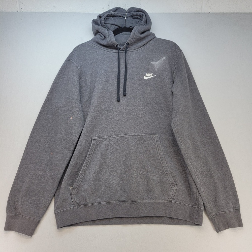 Nike Hoodie Men Large Gray Pullover Distressed Thrashed Logo Fleece Pocket